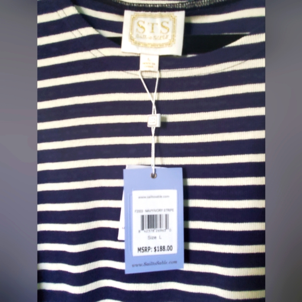 NWT Sail to Sable Navy and White stripe dress with gold buttons sz L